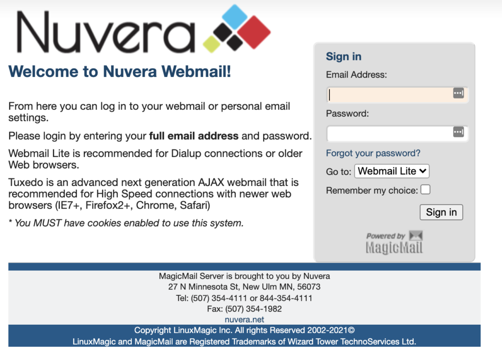 Nuvera Webmail login screenshot.